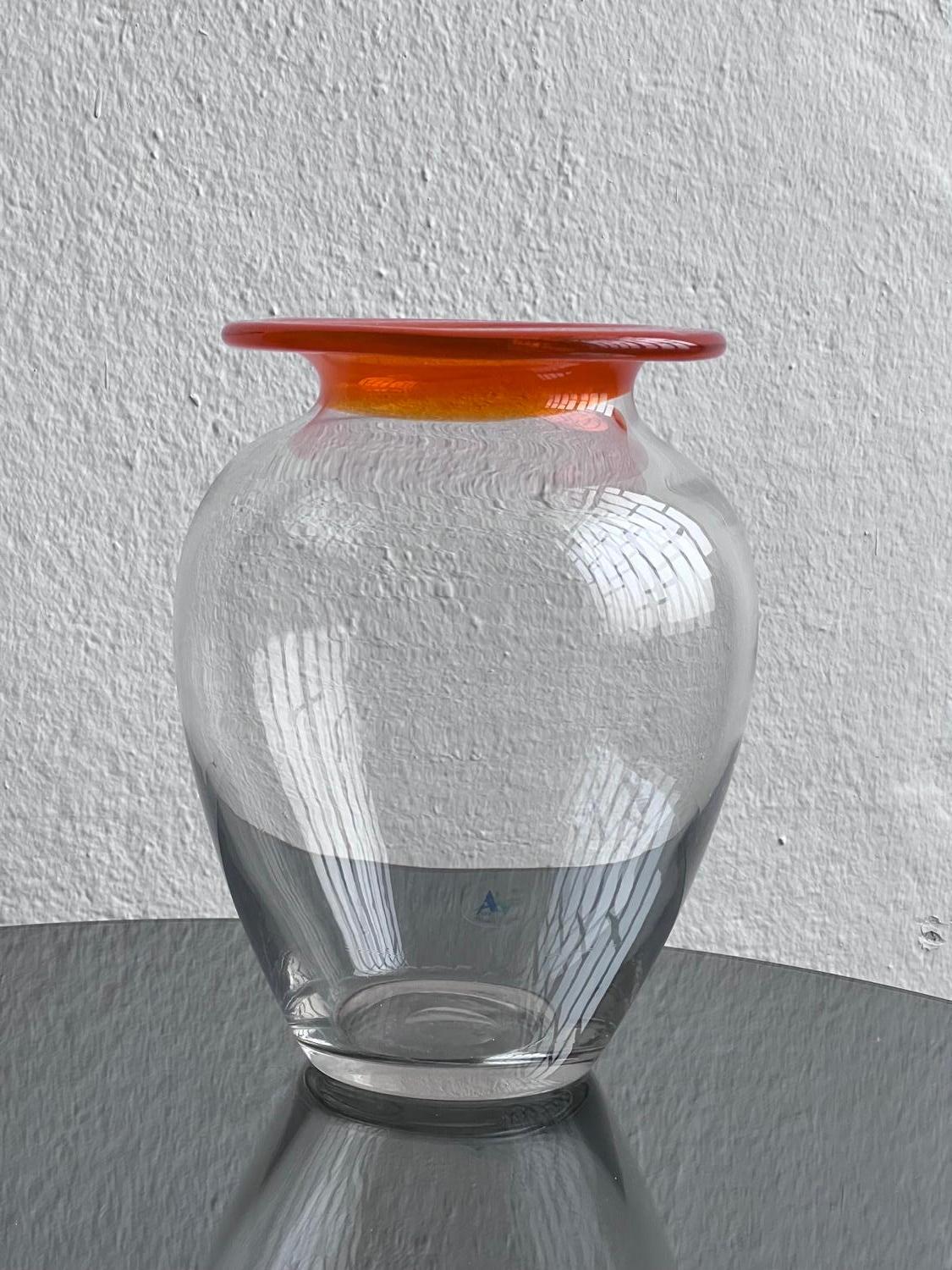 French Big 1980s Glass Vase, Clear with Orange Accent, Decorative Piece, Collectible For Sale