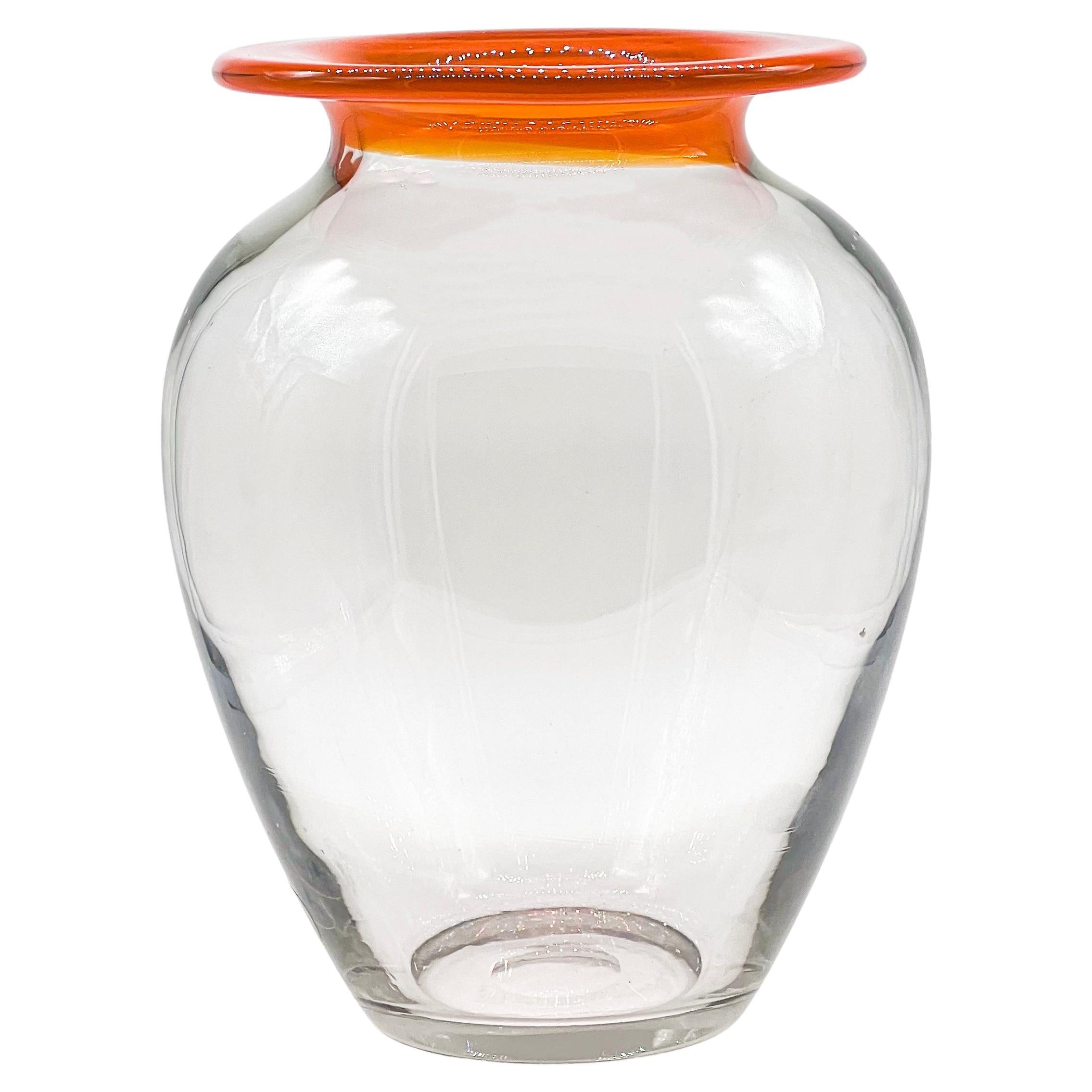 Big 1980s Glass Vase, Clear with Orange Accent, Decorative Piece, Collectible For Sale