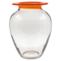 Retro Big 1980s Glass Vase, Clear with Orange Accent, Decorative Piece, Collectible