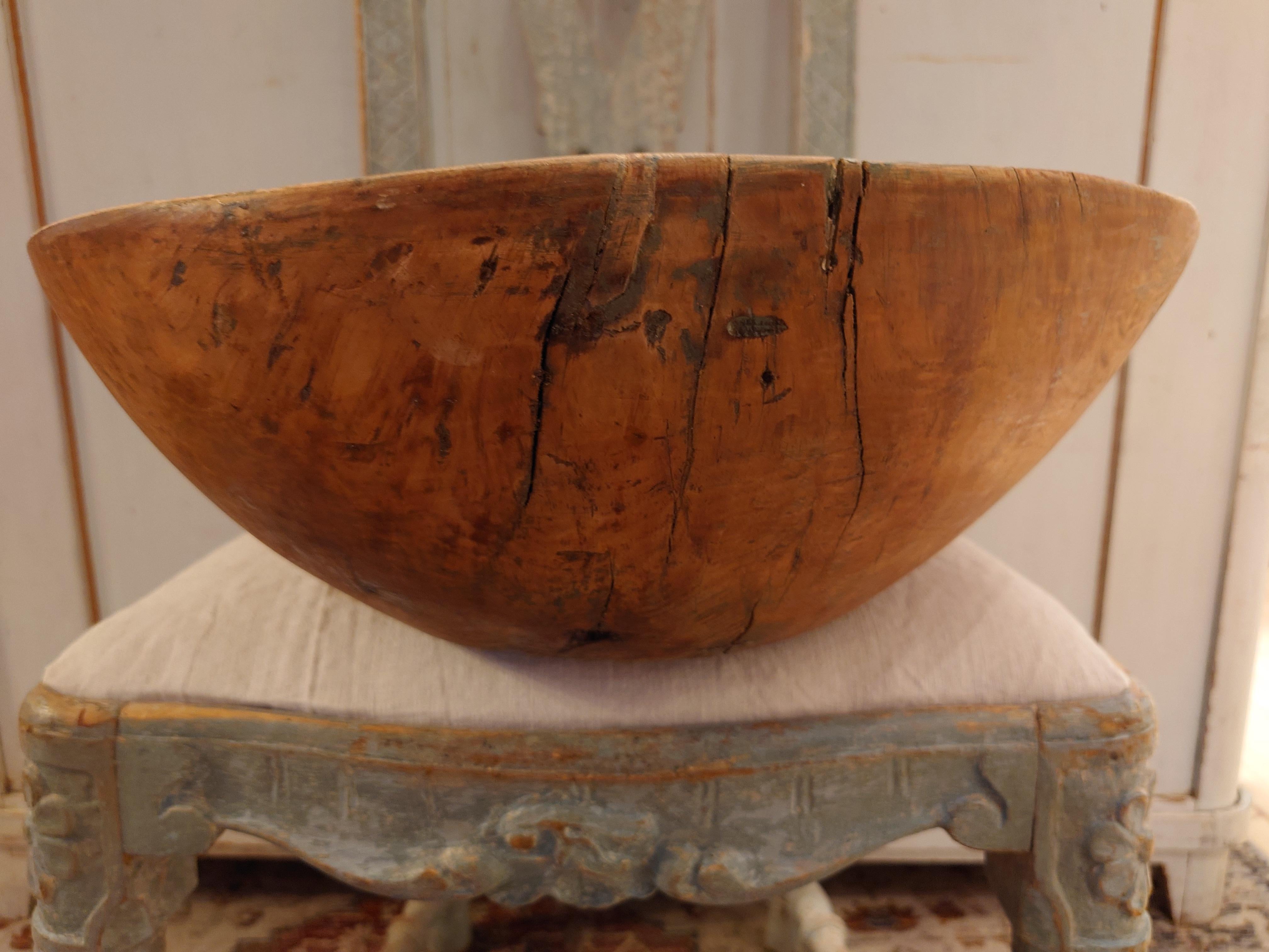 Folk Art Big 19th Century Swedish genuine rustic Wooden bowl organic shape For Sale