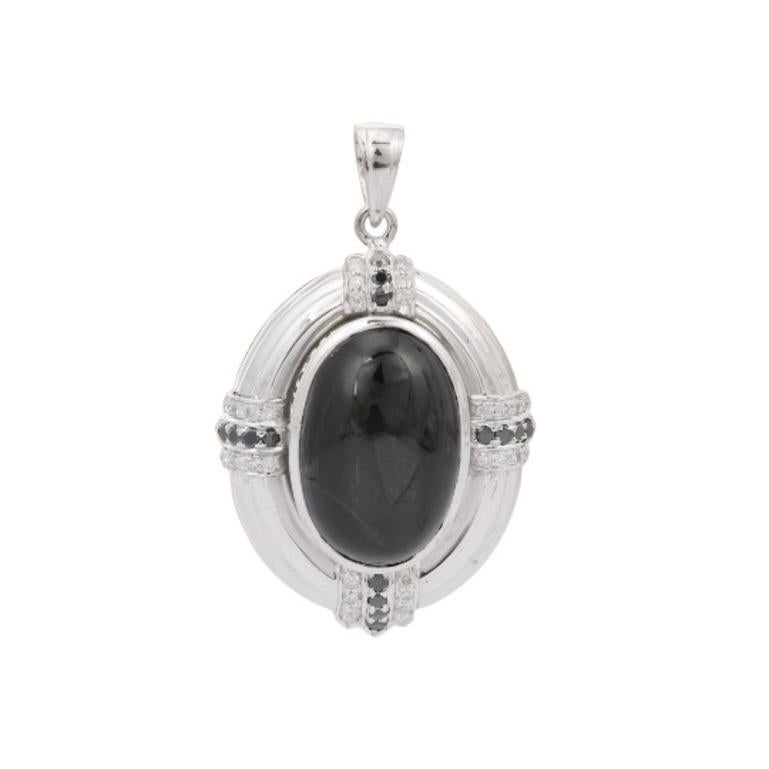 Art Deco Big 34.66 Carat Black Onyx and Diamond Pendant in 925 Sterling Silver