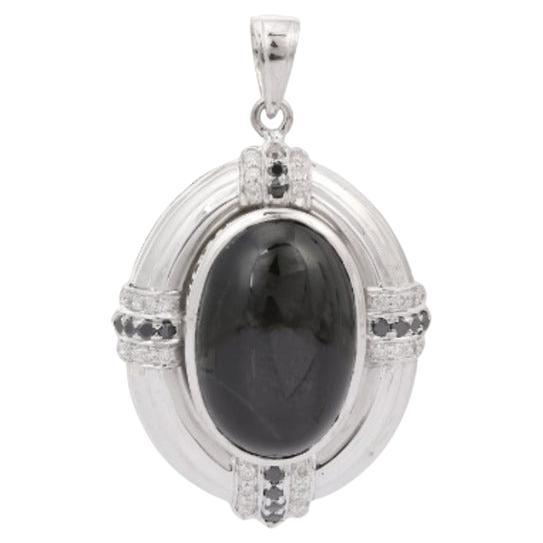 Big 34.66 Carat Black Onyx and Diamond Pendant in 925 Sterling Silver For Sale