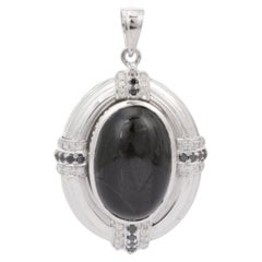 Big 34.66 Carat Black Onyx and Diamond Pendant in 925 Sterling Silver