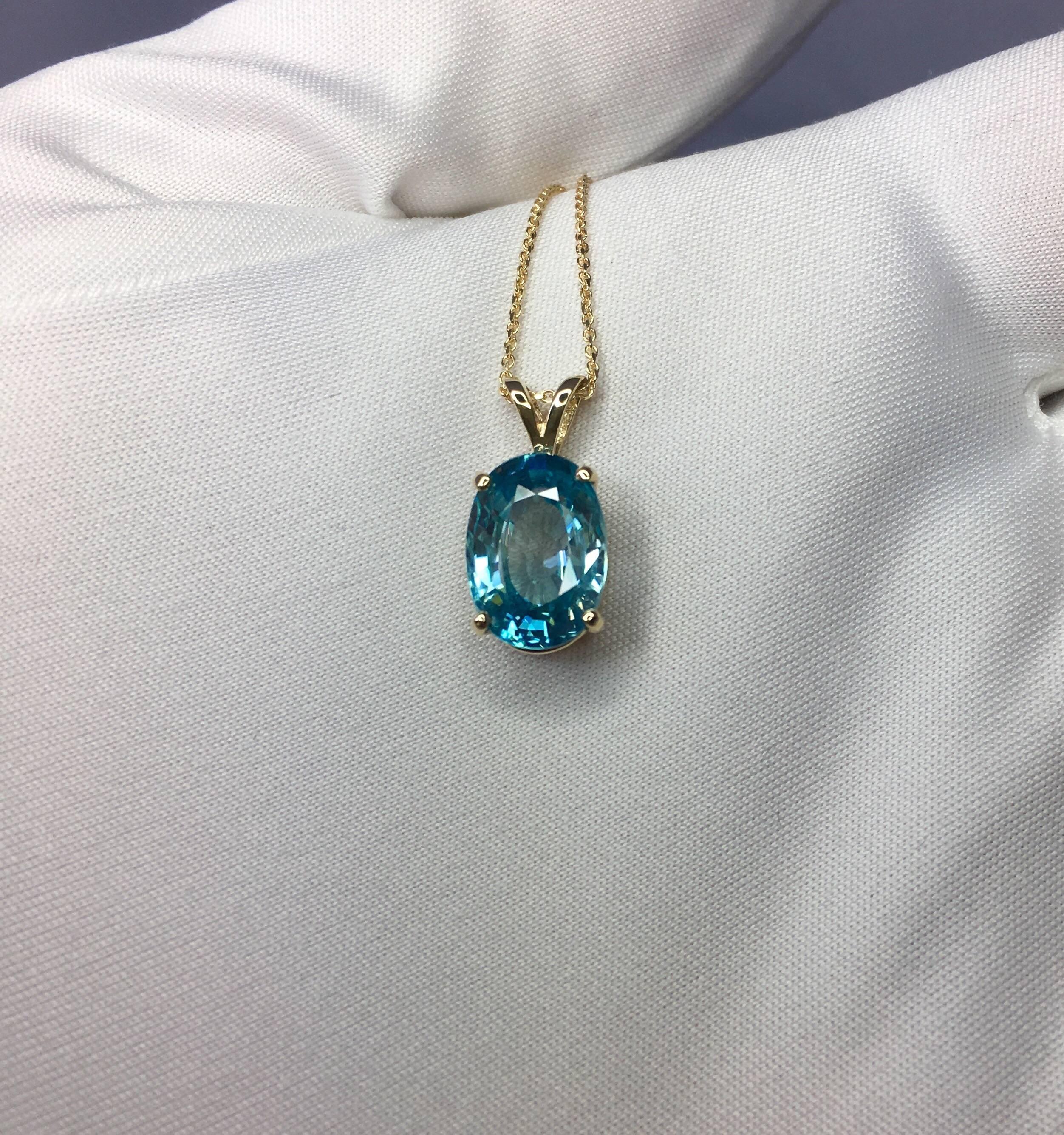 Big 5.40 Carat Vivid Neon Blue Zircon Oval Cut 14 Karat Gold Solitaire Pendant 2