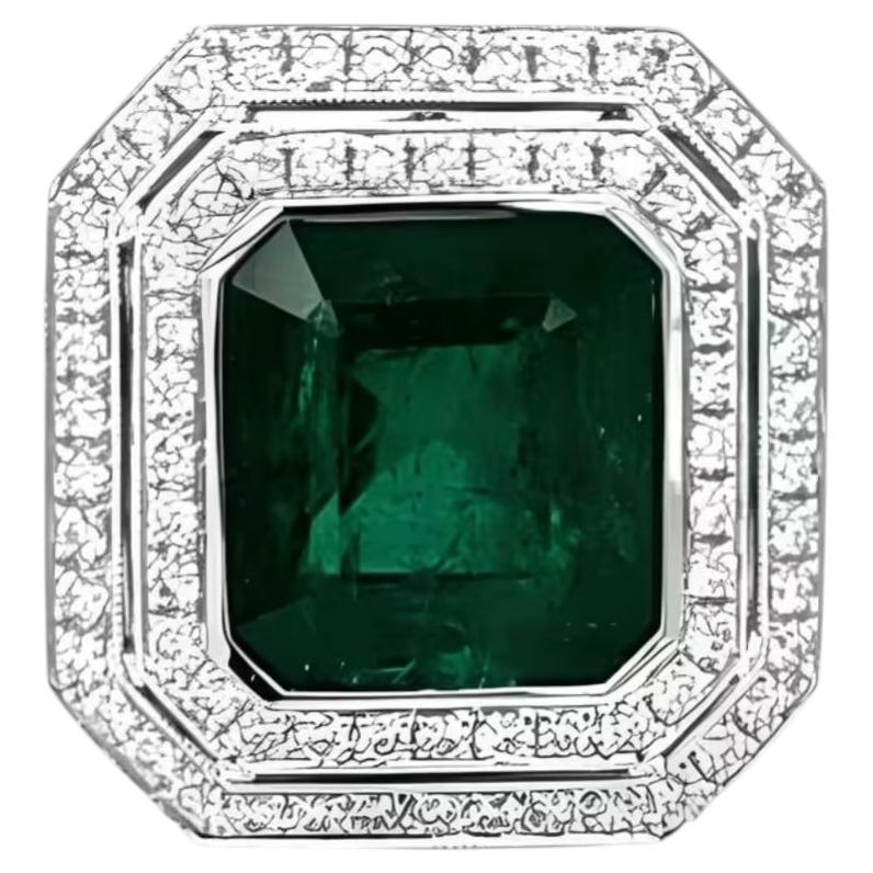 Big 9.38ct Natural Green Emerald & Diamonds Engagement Ring 18K White Gold GIA For Sale