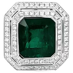 Big 9.38ct Natural Green Emerald & Diamonds Engagement Ring 18K White Gold GIA