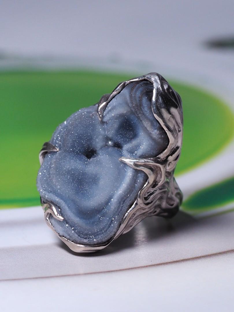 Big Agate Rose Silver Ring Raw Uncut Natural Brazilian Stone Unisex Cloud Grey For Sale 3