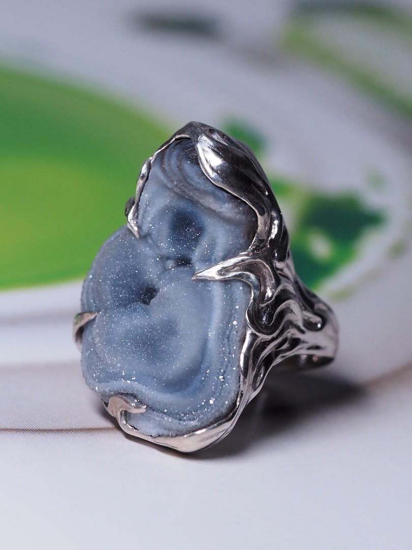Big Agate Rose Silver Ring Raw Uncut Natural Brazilian Stone Unisex Cloud Grey For Sale 4