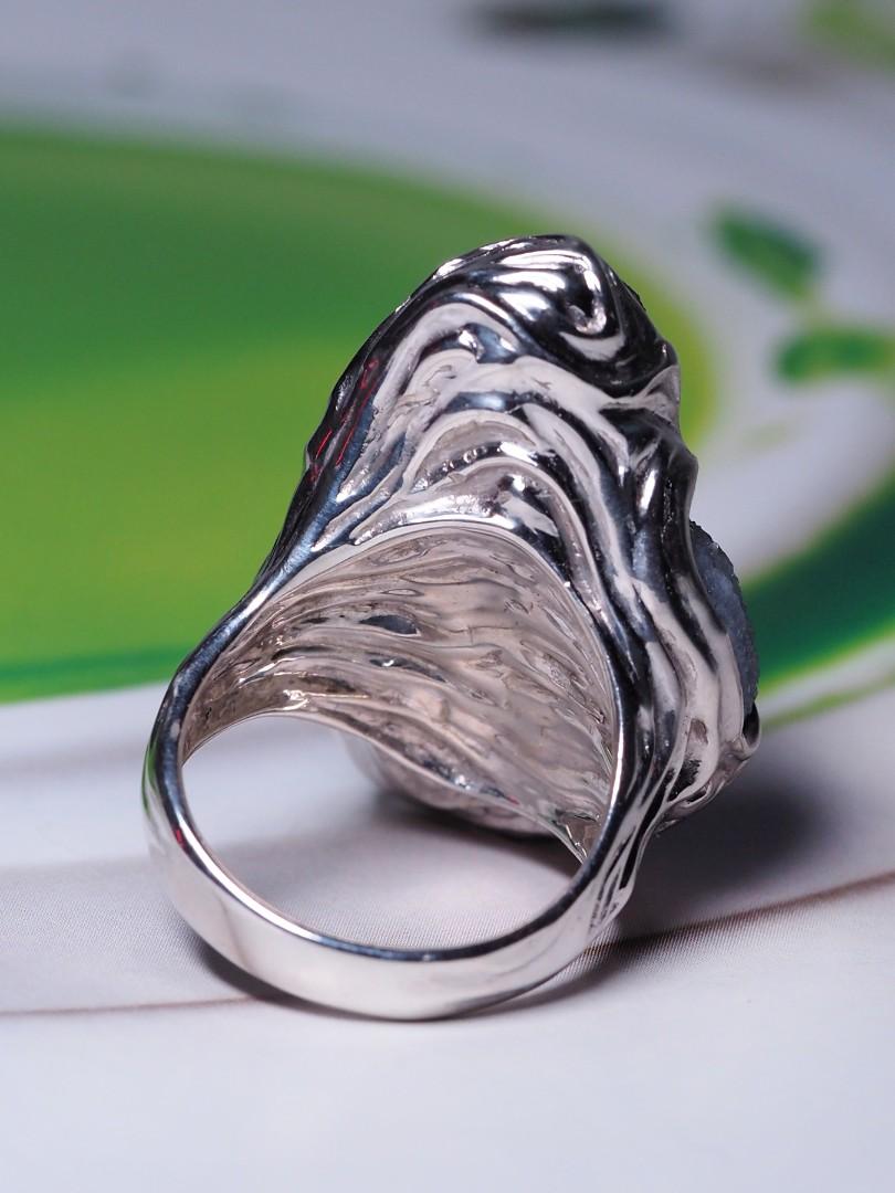 Big Agate Rose Silver Ring Raw Uncut Natural Brazilian Stone Unisex Cloud Grey For Sale 6