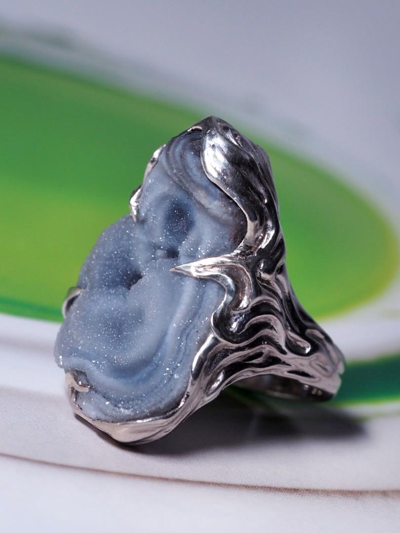 Big Agate Rose Silver Ring Raw Uncut Natural Brazilian Stone Unisex Cloud Grey For Sale 7