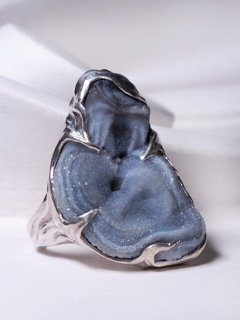 Big Agate Rose Silver Ring Raw Uncut Natural Brazilian Stone Unisex Cloud Grey For Sale 1