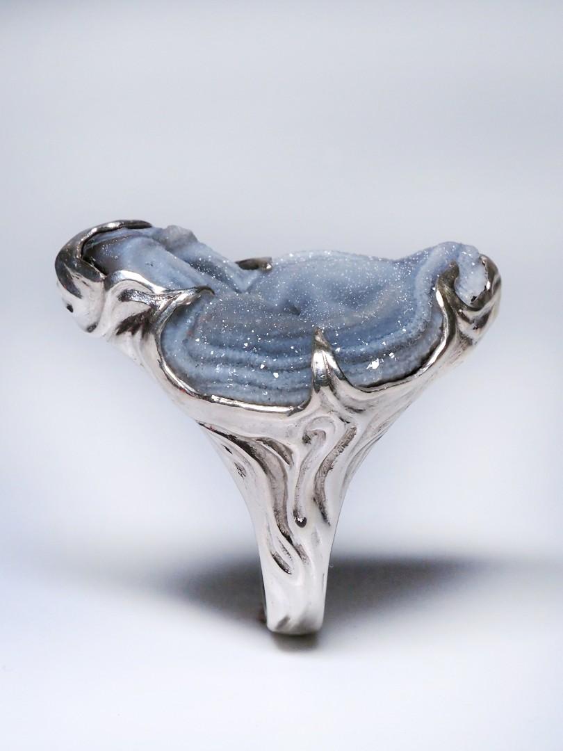 Big Agate Rose Silver Ring Raw Uncut Natural Brazilian Stone Unisex Cloud Grey For Sale 2