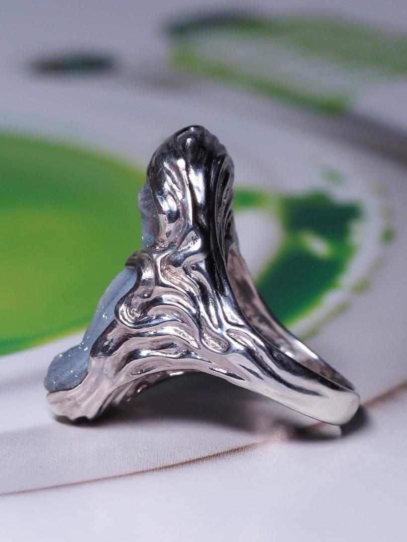 Big Agate Rose Silver Ring Raw Uncut Natural Brazilian Stone Unisex Grey gift For Sale 8