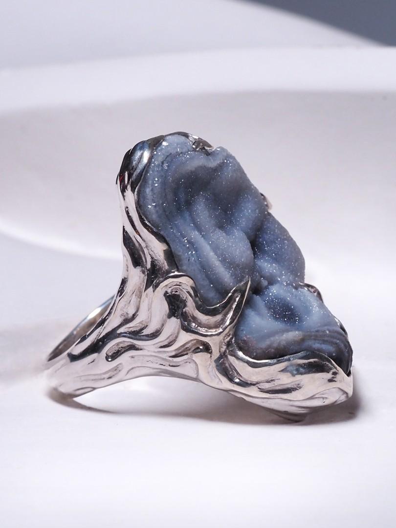Big Agate Rose Silver Ring Raw Uncut Natural Brazilian Stone Unisex Grey gift For Sale 1