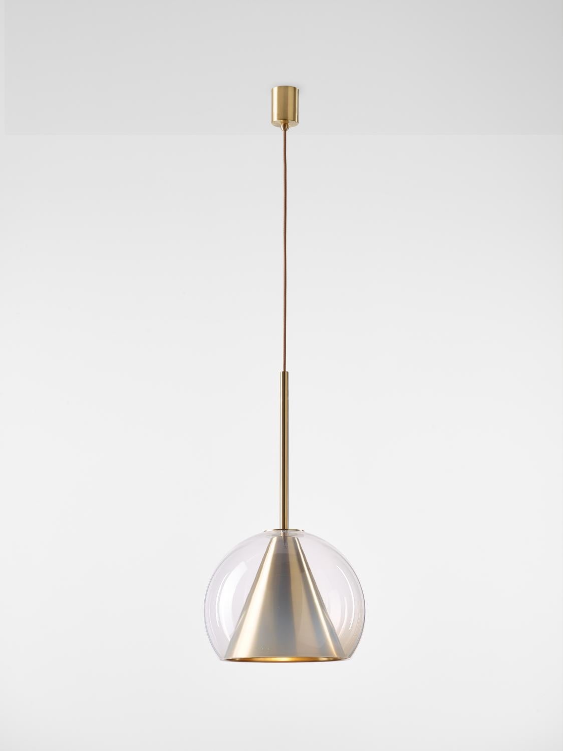 Big Alabaster white Kono pendant light by Dechem Studio
Dimensions: D 35 x H 75 cm
Materials: brass, glass.
Also available: different finishes and colours available,

This collection of suspended light fixtures combines the elementary geometric