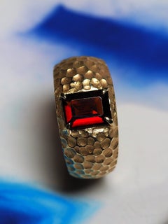 Big Almandine Yellow Gold Ring Garnet Scarlet Statement Red Gem Mens Bold Ring