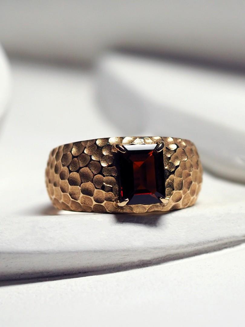 Octagon Cut Big Almandine Yellow Gold Ring Garnet Scarlet Statement Red Gem Mens Bold Ring For Sale