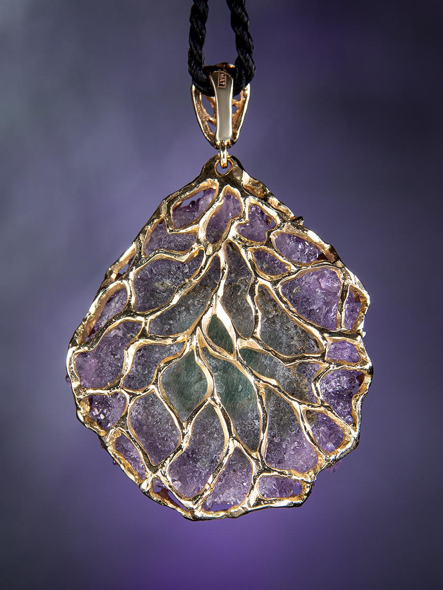 Big Amethyst Flower Gold Pendant Natural Brazilian Raw Crystals Lavender Purple For Sale 1