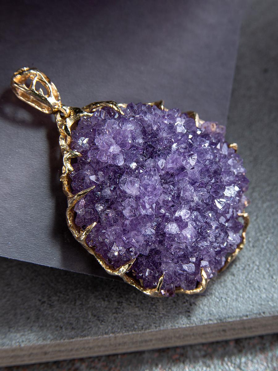 Big Amethyst Flower Gold Pendant Natural Brazilian Raw Crystals Lavender Purple For Sale 5