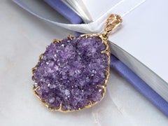 Big Amethyst Flower Gold Pendant Natural Brazilian Raw Crystals Lavender Purple
