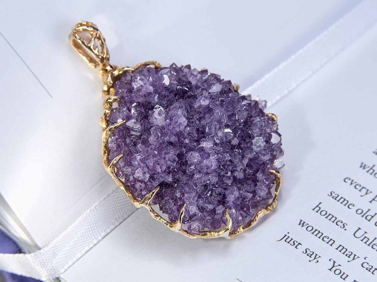 Uncut Big Amethyst Flower Gold Pendant Natural Brazilian Raw Crystals Lavender Purple For Sale