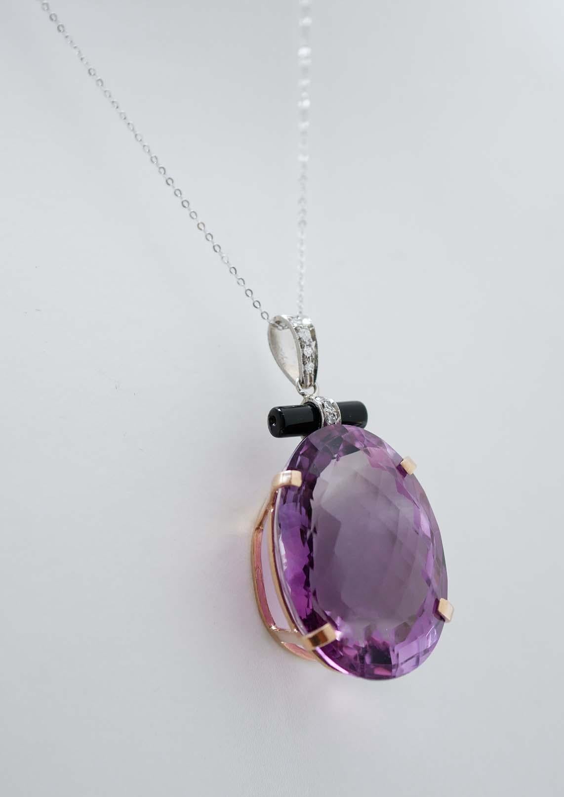 Rétro Ametista grande, Onice, Diamanti, Platino, Oro rosa 14 Kt e  Ciondolo in oro bianco. in vendita