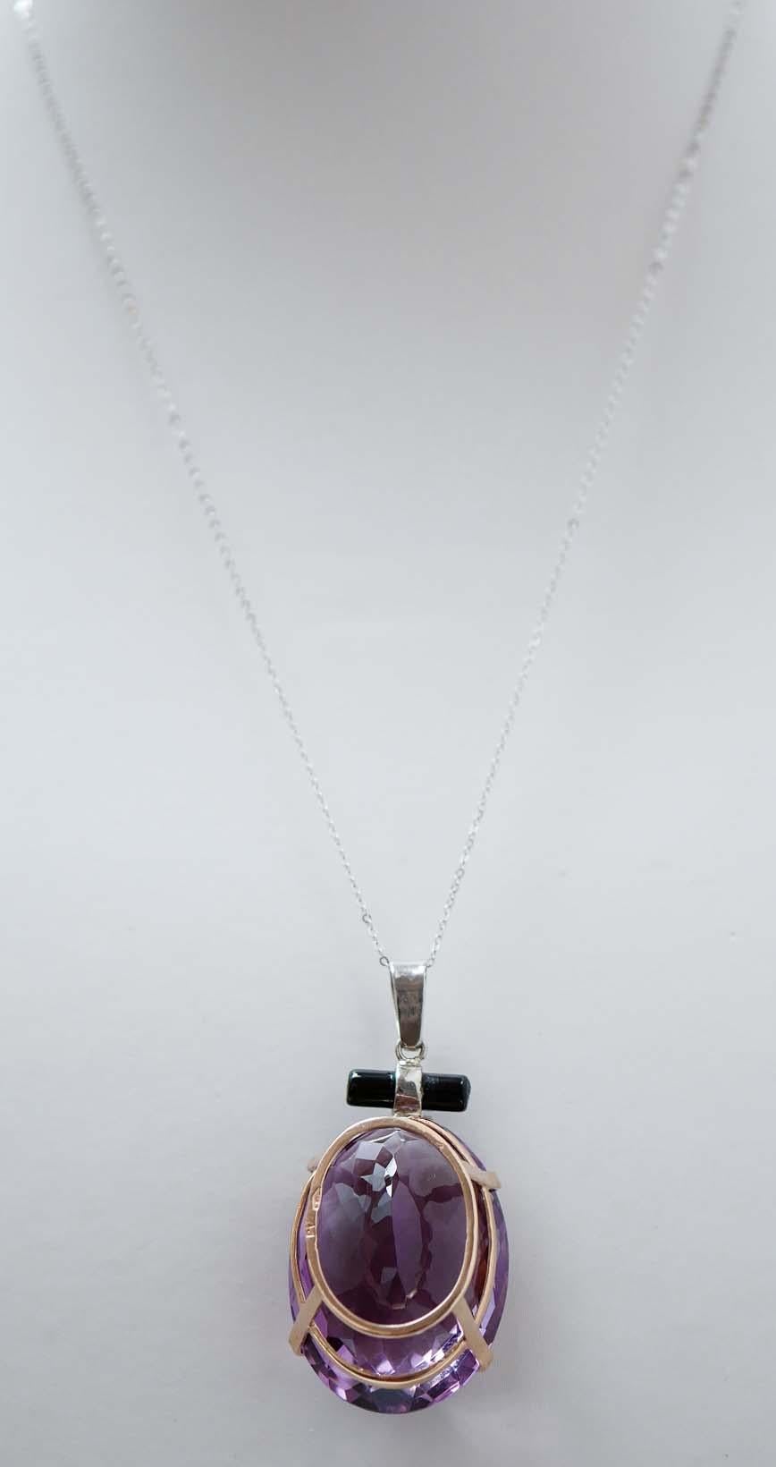Taglio misto Ametista grande, Onice, Diamanti, Platino, Oro rosa 14 Kt e  Ciondolo in oro bianco. in vendita