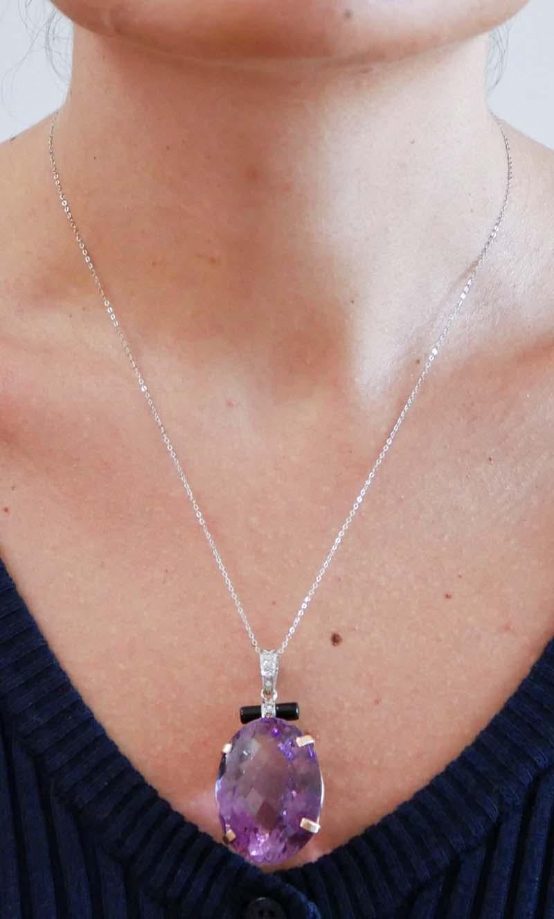 Donna Ametista grande, Onice, Diamanti, Platino, Oro rosa 14 Kt e  Ciondolo in oro bianco. in vendita