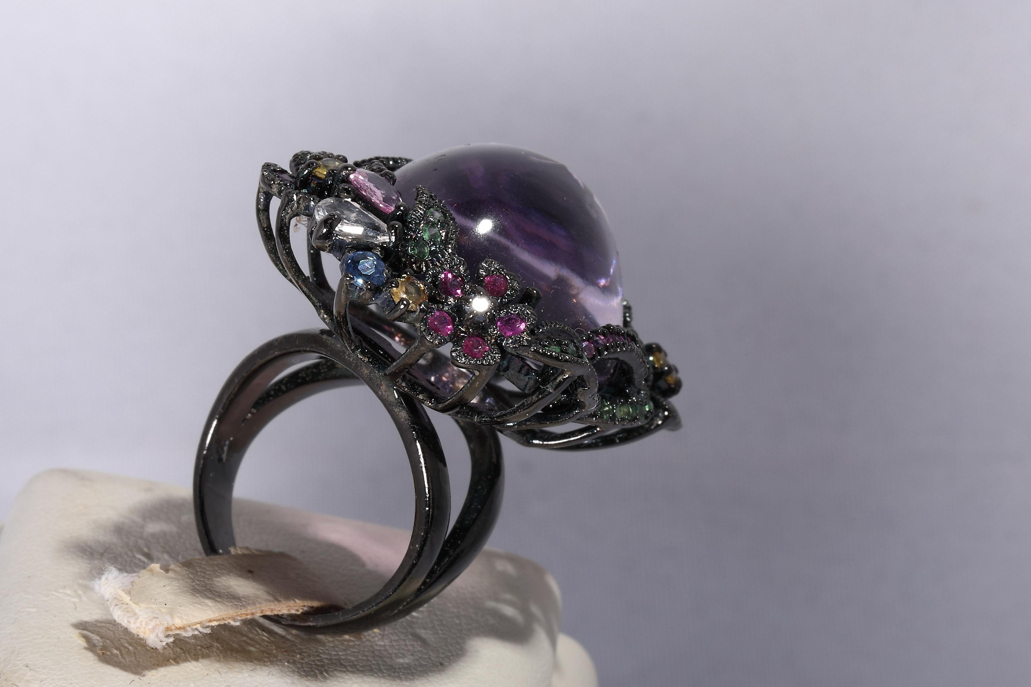 Women's or Men's Big Amethyst Silver Cocktail Ring For Sale