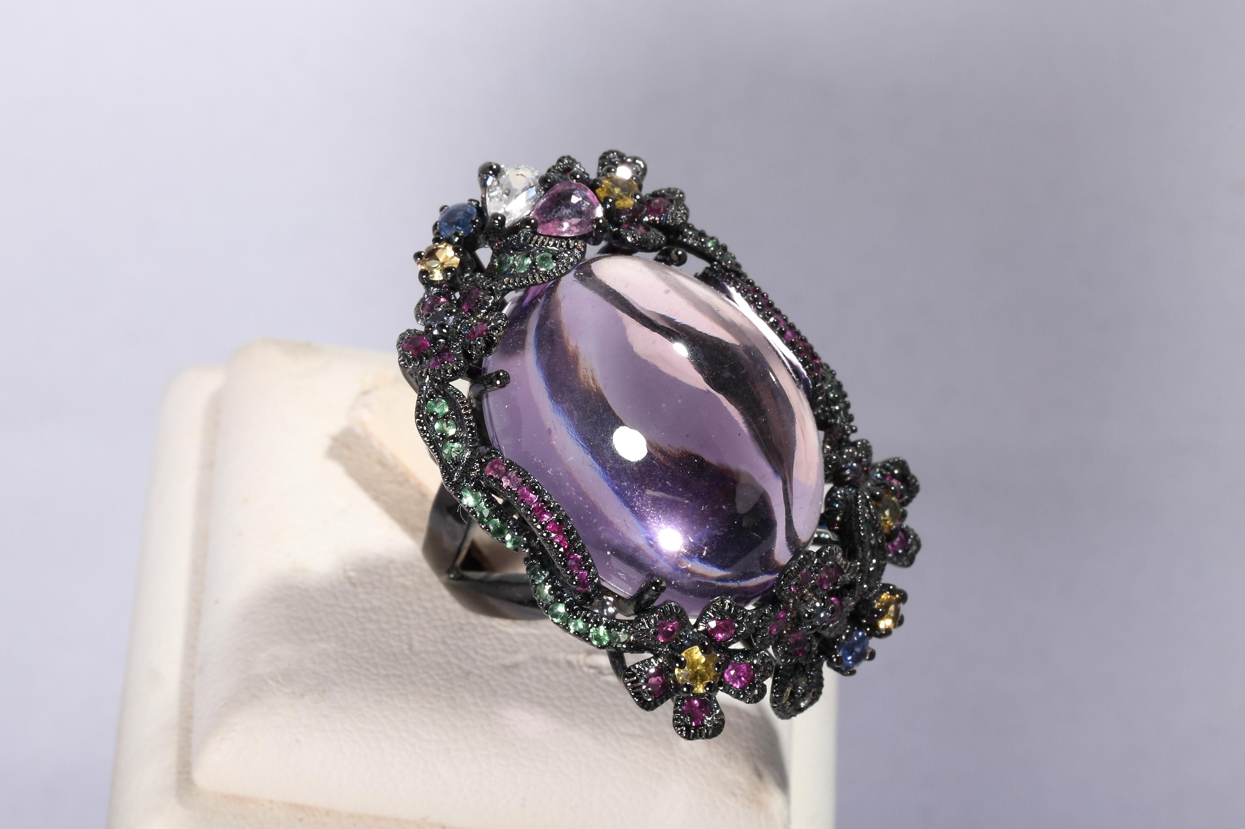 Big Amethyst Silver Cocktail Ring For Sale 1