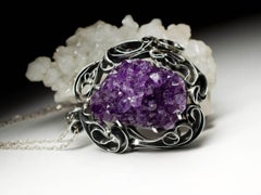 Big Amethyst Silver Pendant Crystals Druzy Blackened Natural Raw Purple Vintage