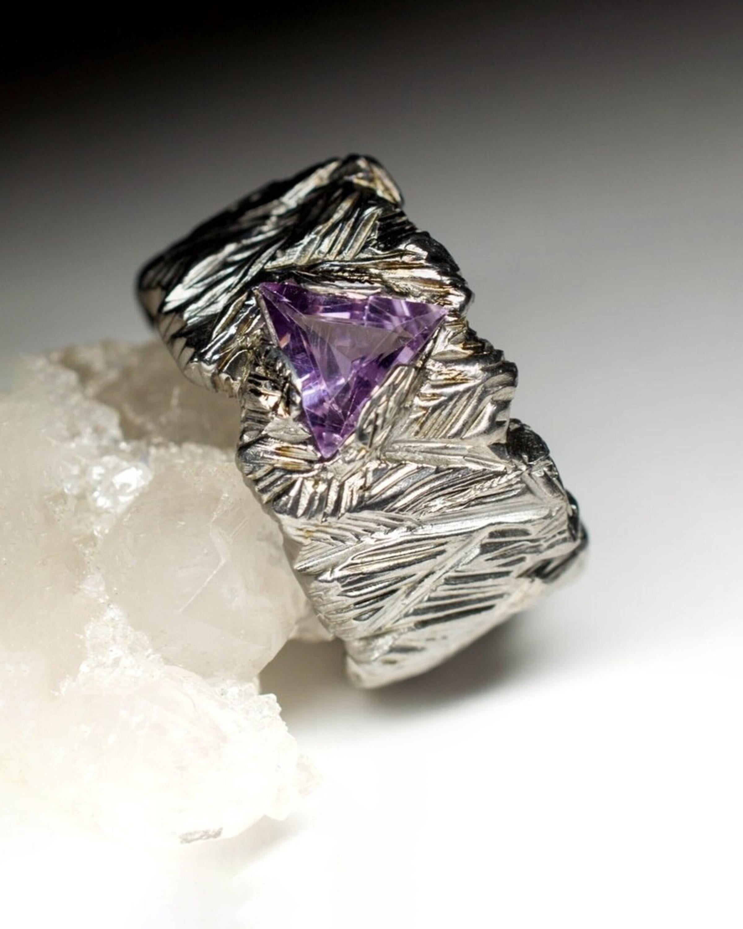 Large wide band silver black patina ring with natural triangle cut Amethyst
amethyst origin - Brazil
ring weight - 12.27 grams
ring size  - 7 1/4 US
stone measurements - 0.16 x 0.28 x 0.28 in / 4 x 7 x 7 mm 