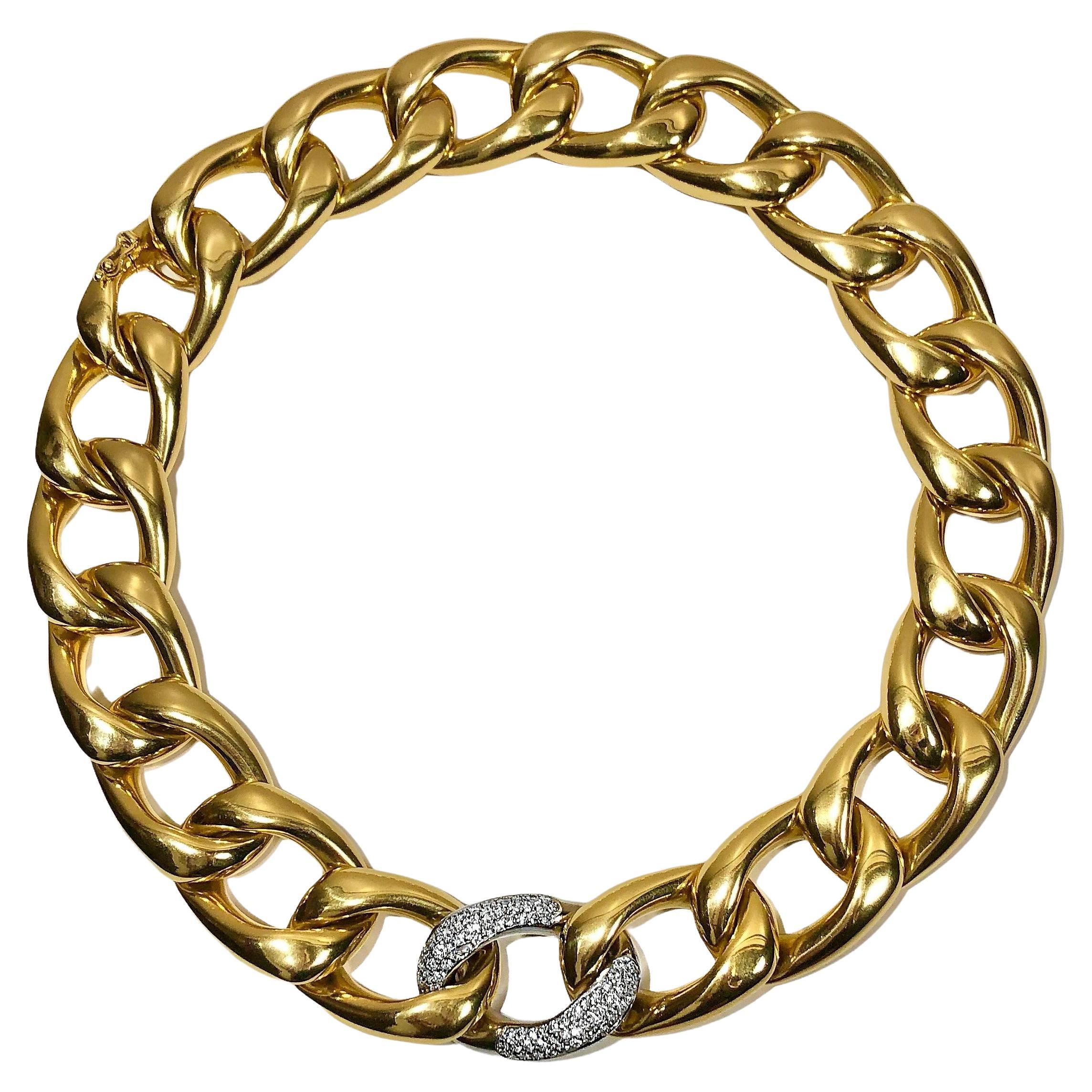 Big and Bold 18K Yellow Gold Large Link Necklace with One Diamond Link For Sale