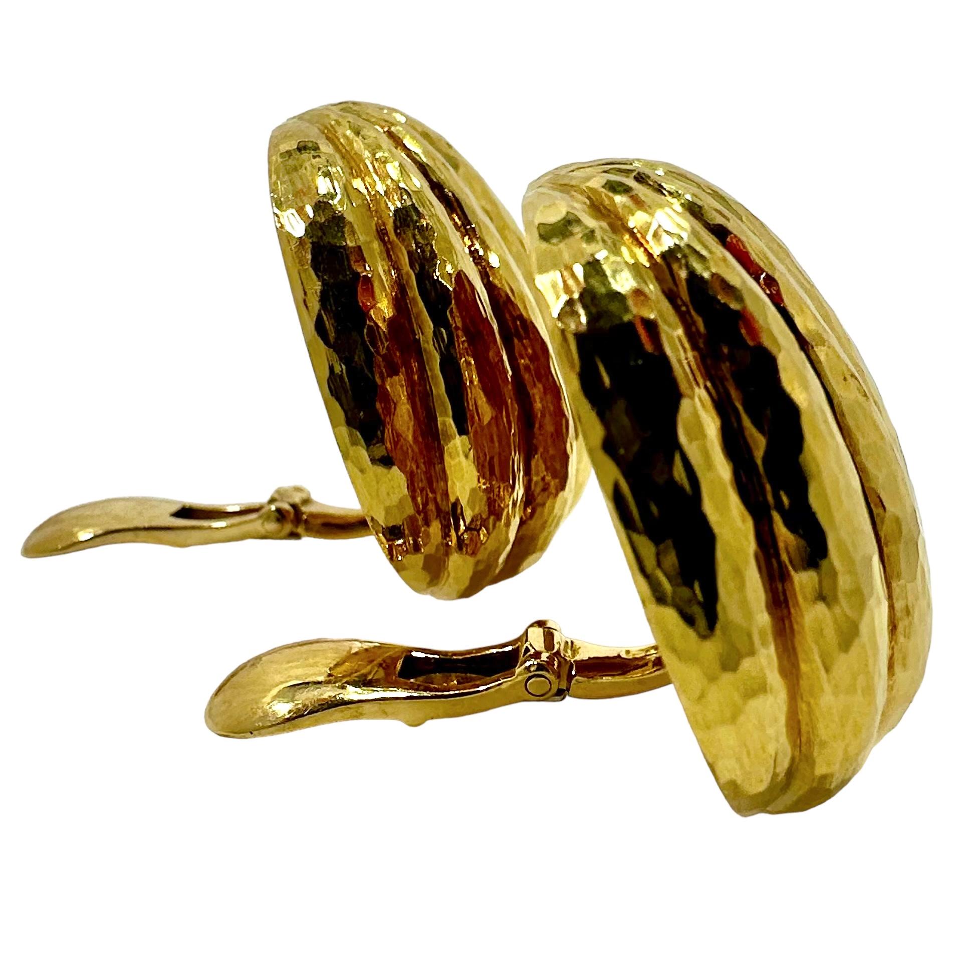 Modern Big and Bold 18k Yellow Gold Vintage David Webb Hammered Finish Bombe Earrings For Sale