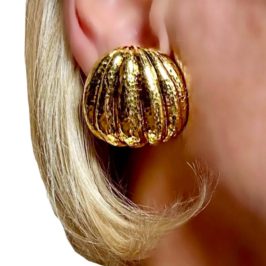 Big and Bold 18k Yellow Gold Vintage David Webb Hammered Finish Bombe Earrings For Sale 4