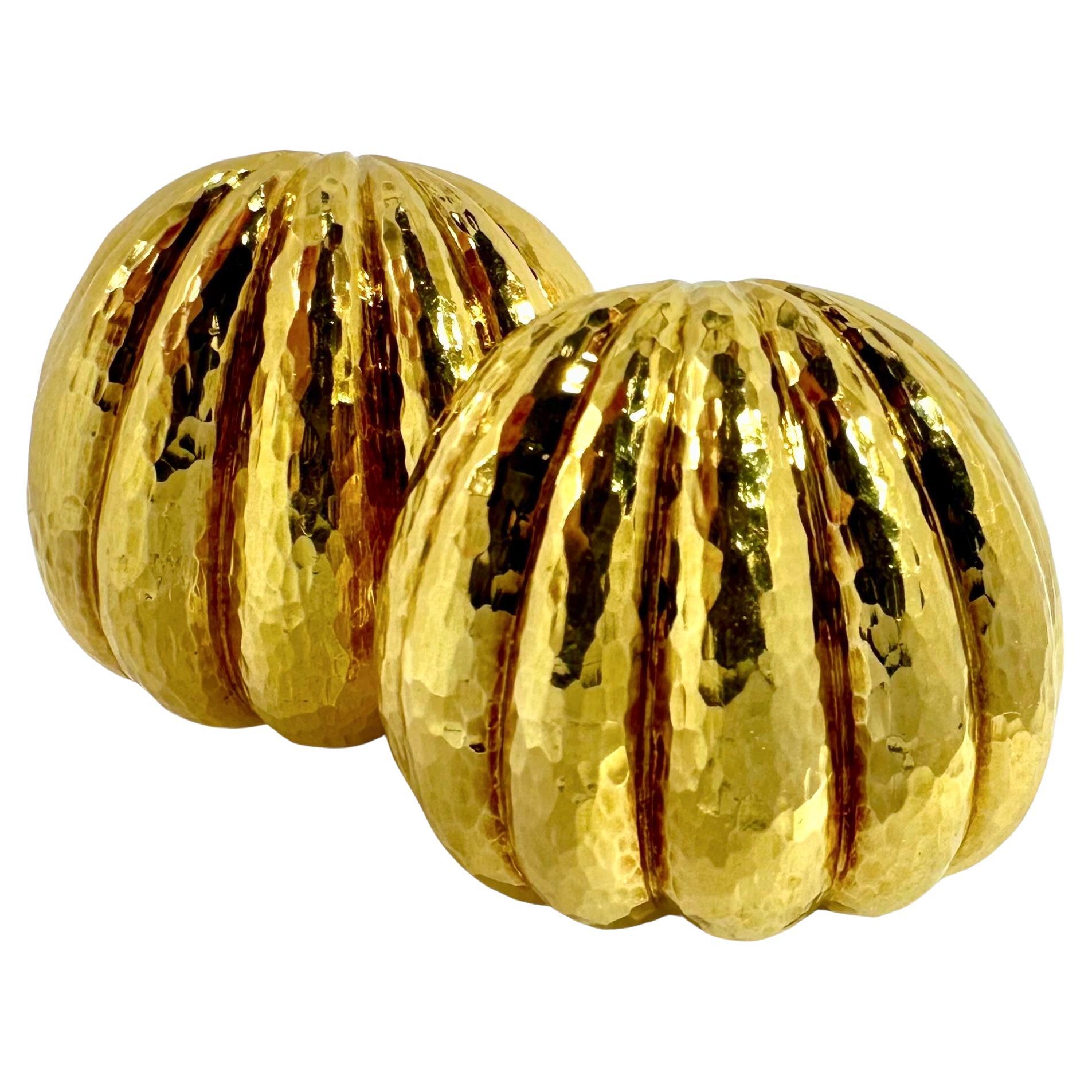 Big and Bold 18k Yellow Gold Vintage David Webb Hammered Finish Bombe Earrings For Sale