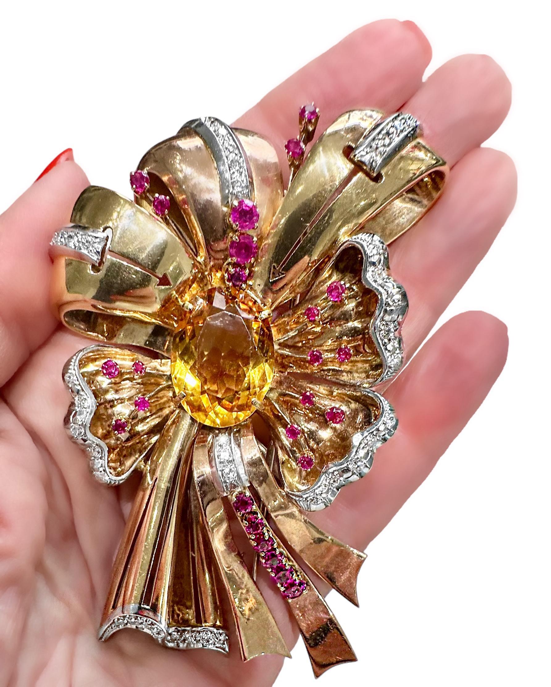 Big and Bold, Pink Gold, Diamond, Ruby and Citrine, Retro Brooch 3.5 Inches Long 5