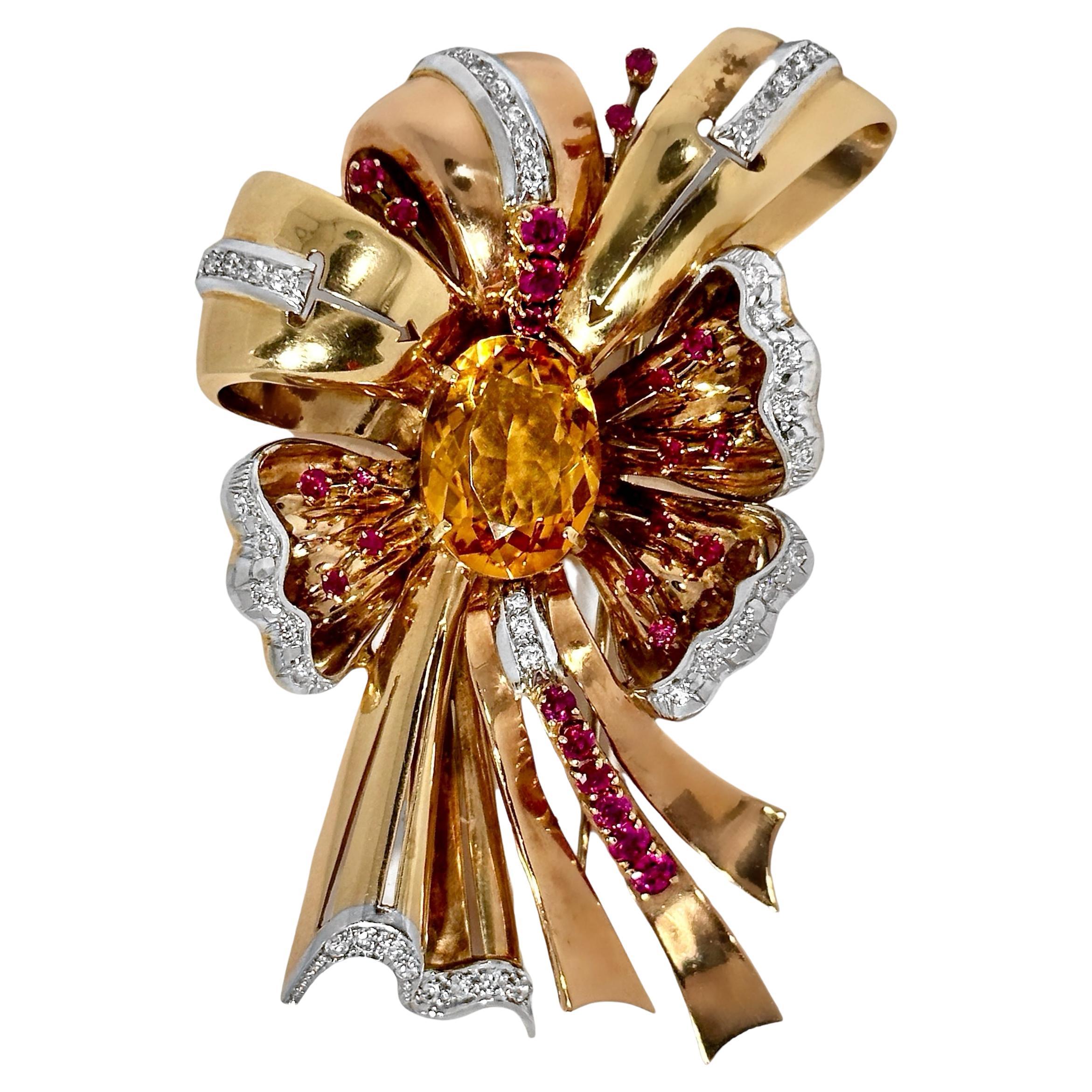 This colossal scale 14k pink gold, golden citrine, ruby and diamond Retro period brooch positively exudes the heady spirit and expansive feel of the Mid-20th Century, here in America. With dimensions of 3 1/2 inches in length by 2 3/8 inches in