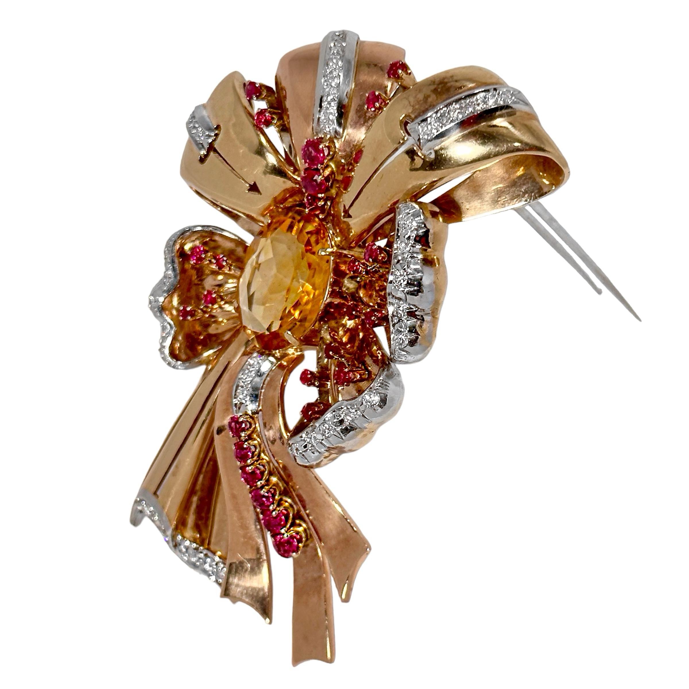 Old European Cut Big and Bold, Pink Gold, Diamond, Ruby and Citrine, Retro Brooch 3.5 Inches Long