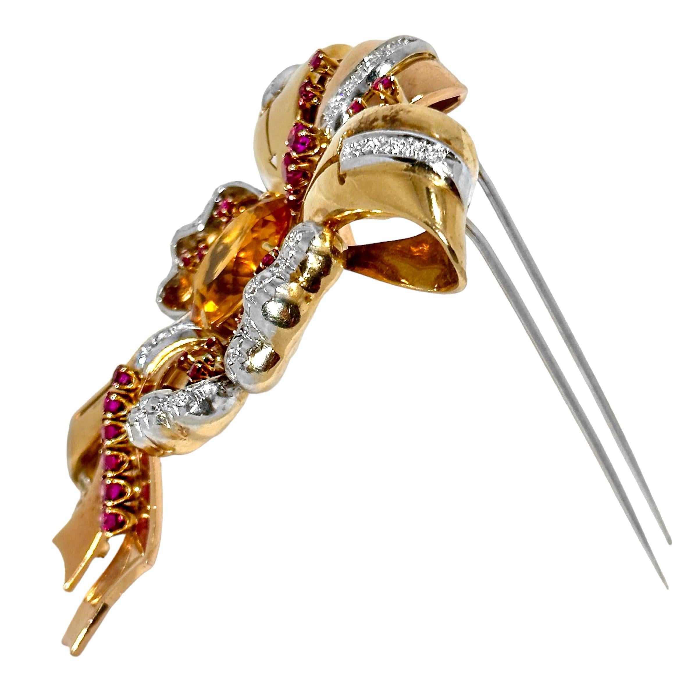 Big and Bold, Pink Gold, Diamond, Ruby and Citrine, Retro Brooch 3.5 Inches Long In Good Condition In Palm Beach, FL