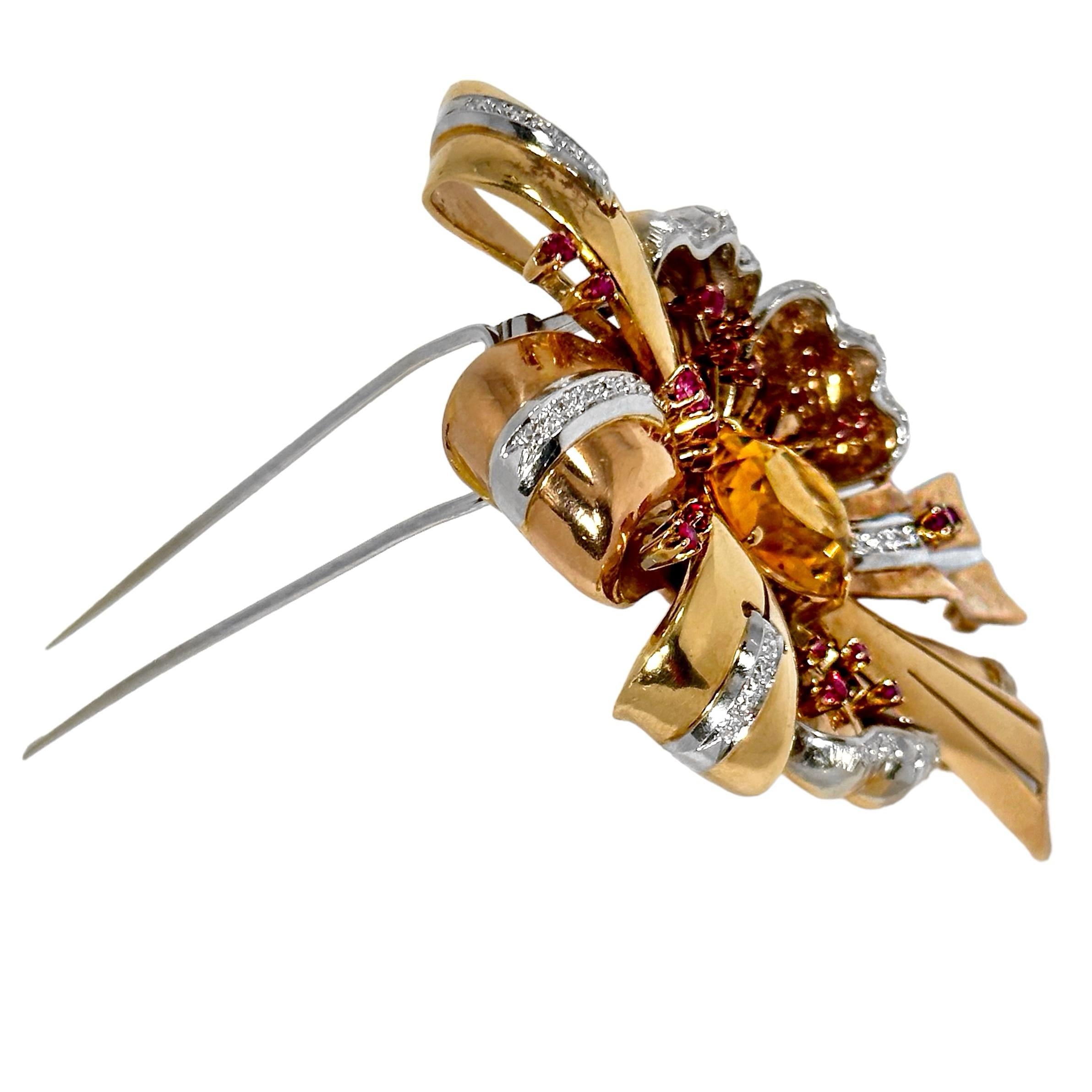 Big and Bold, Pink Gold, Diamond, Ruby and Citrine, Retro Brooch 3.5 Inches Long 1