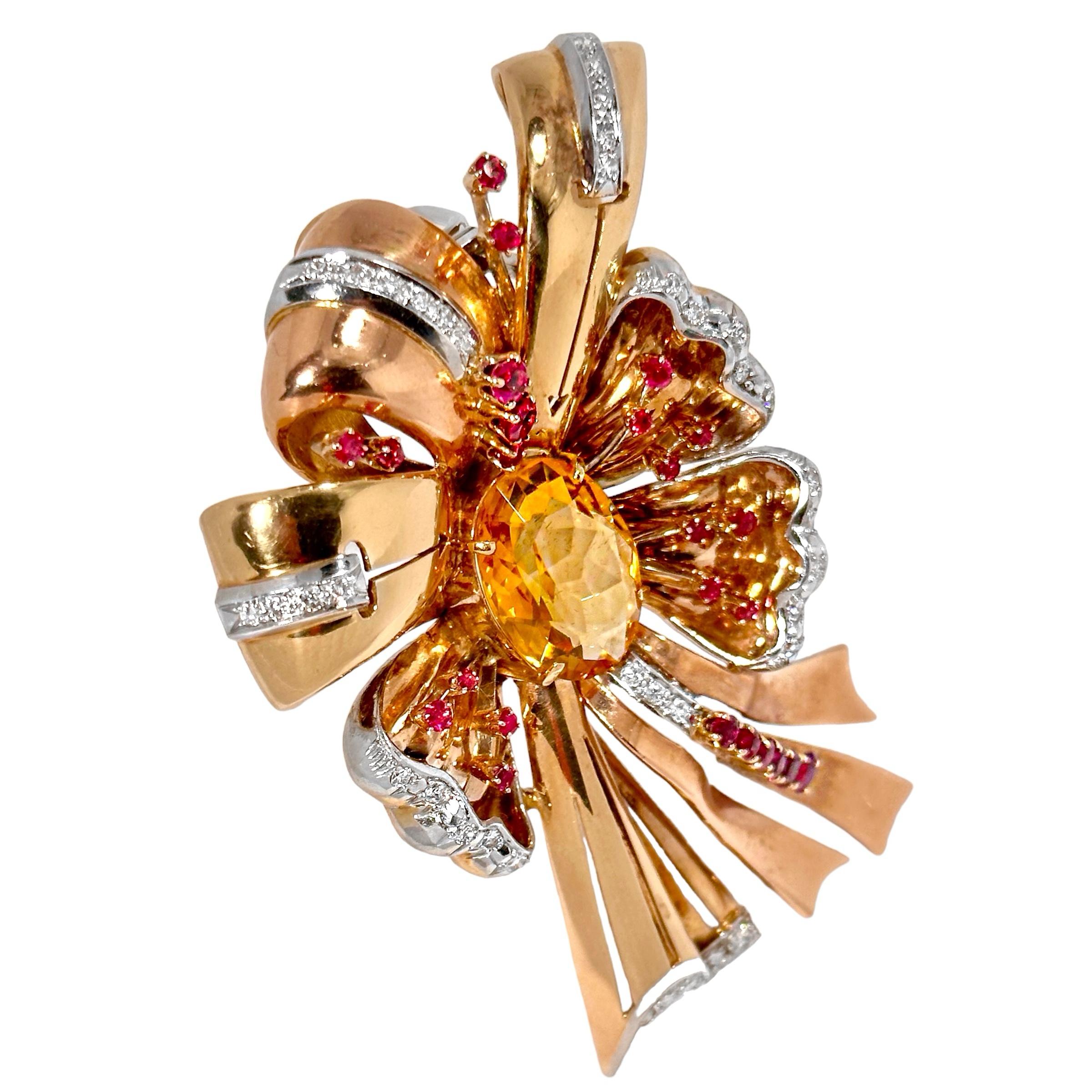Big and Bold, Pink Gold, Diamond, Ruby and Citrine, Retro Brooch 3.5 Inches Long 2