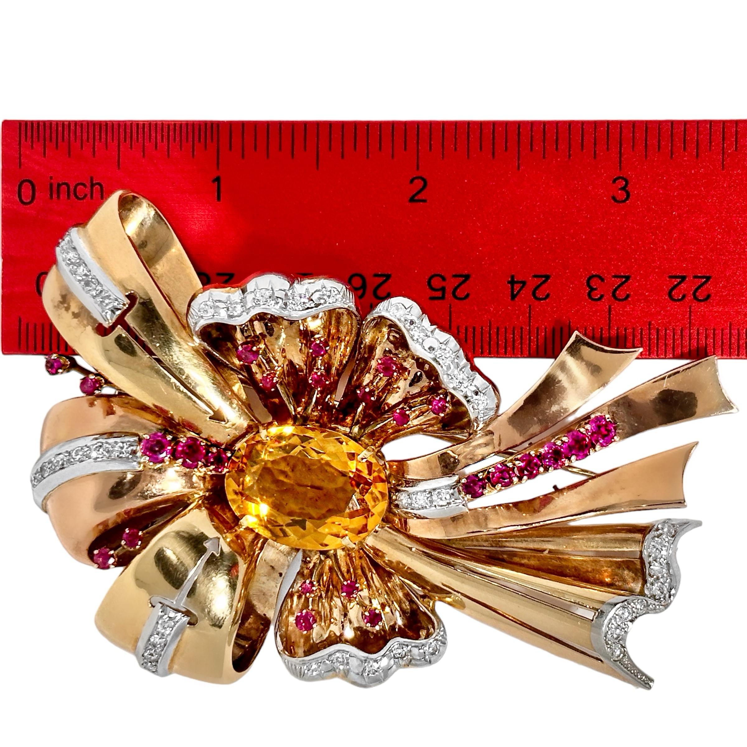 Big and Bold, Pink Gold, Diamond, Ruby and Citrine, Retro Brooch 3.5 Inches Long 3