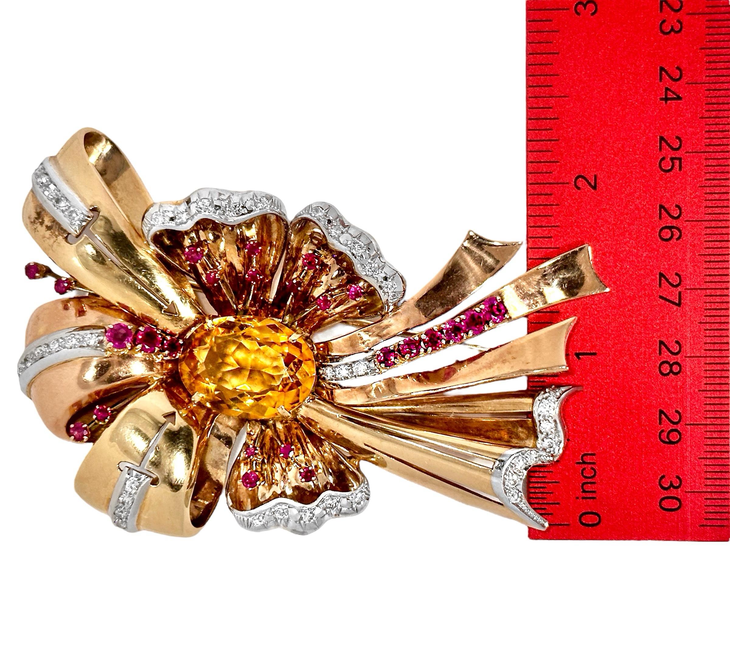 Big and Bold, Pink Gold, Diamond, Ruby and Citrine, Retro Brooch 3.5 Inches Long 4
