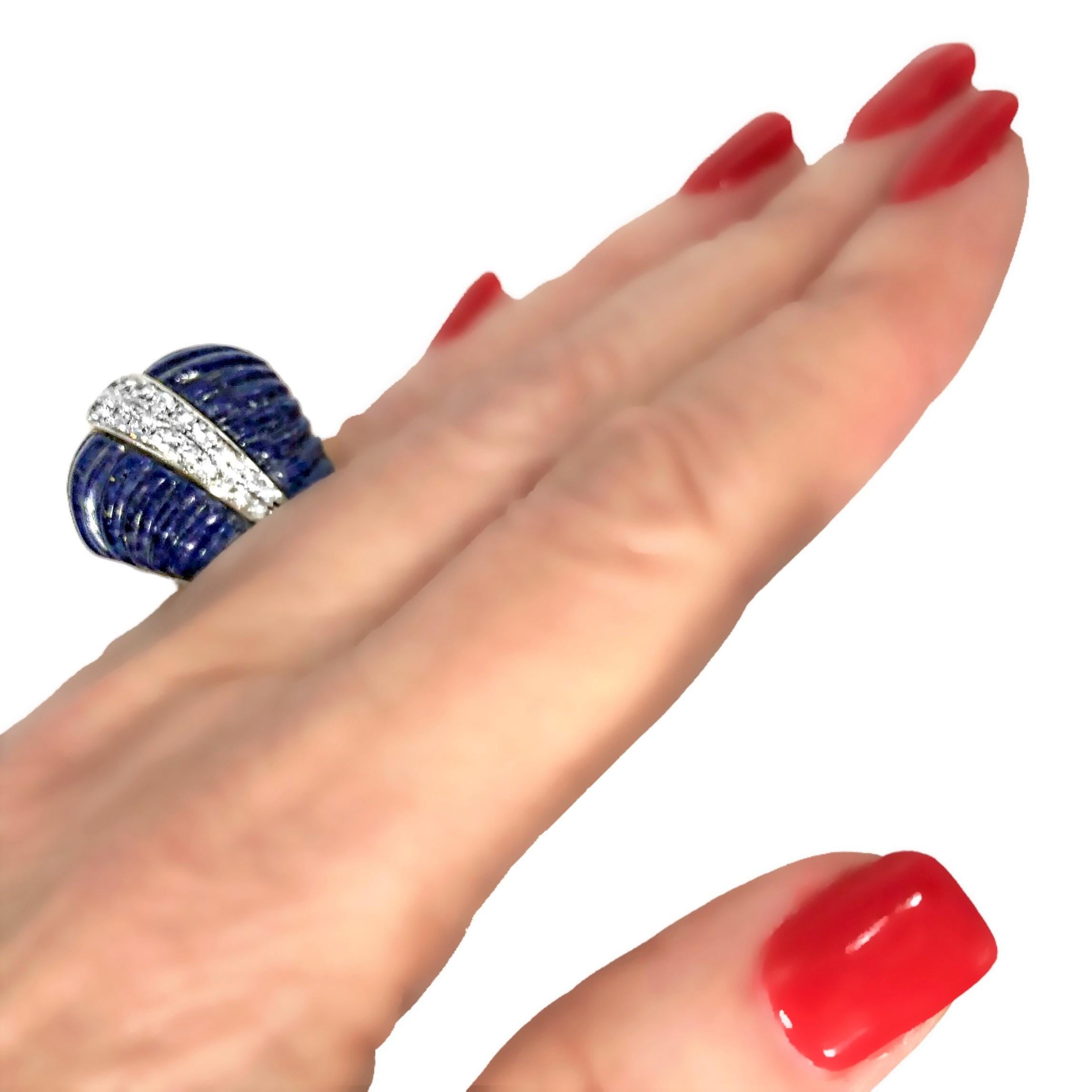 Big and Bold Vintage Yellow Gold, Fluted Lapis-Lazuli and Diamond Dome Ring. 6