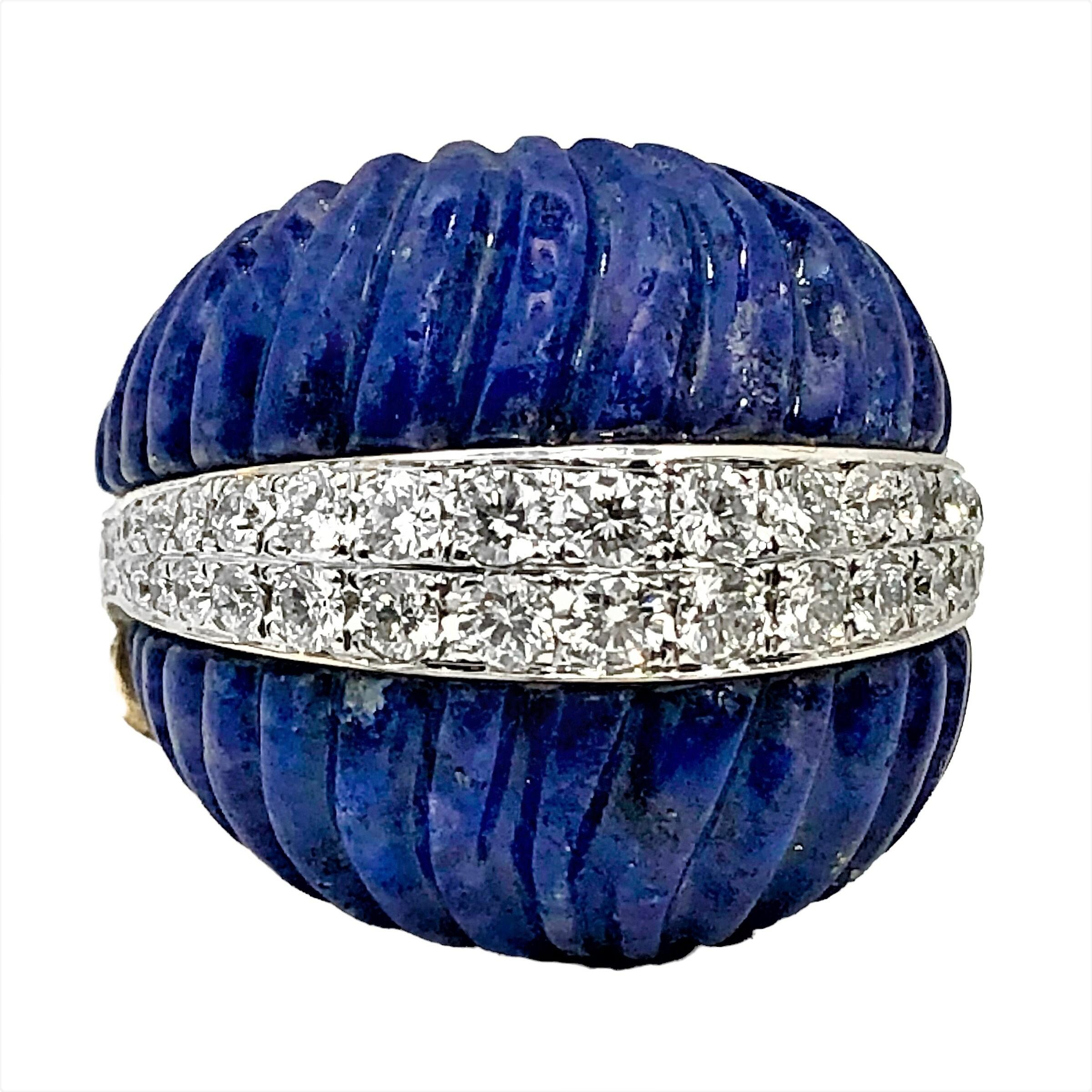 Modern Big and Bold Vintage Yellow Gold, Fluted Lapis-Lazuli and Diamond Dome Ring.