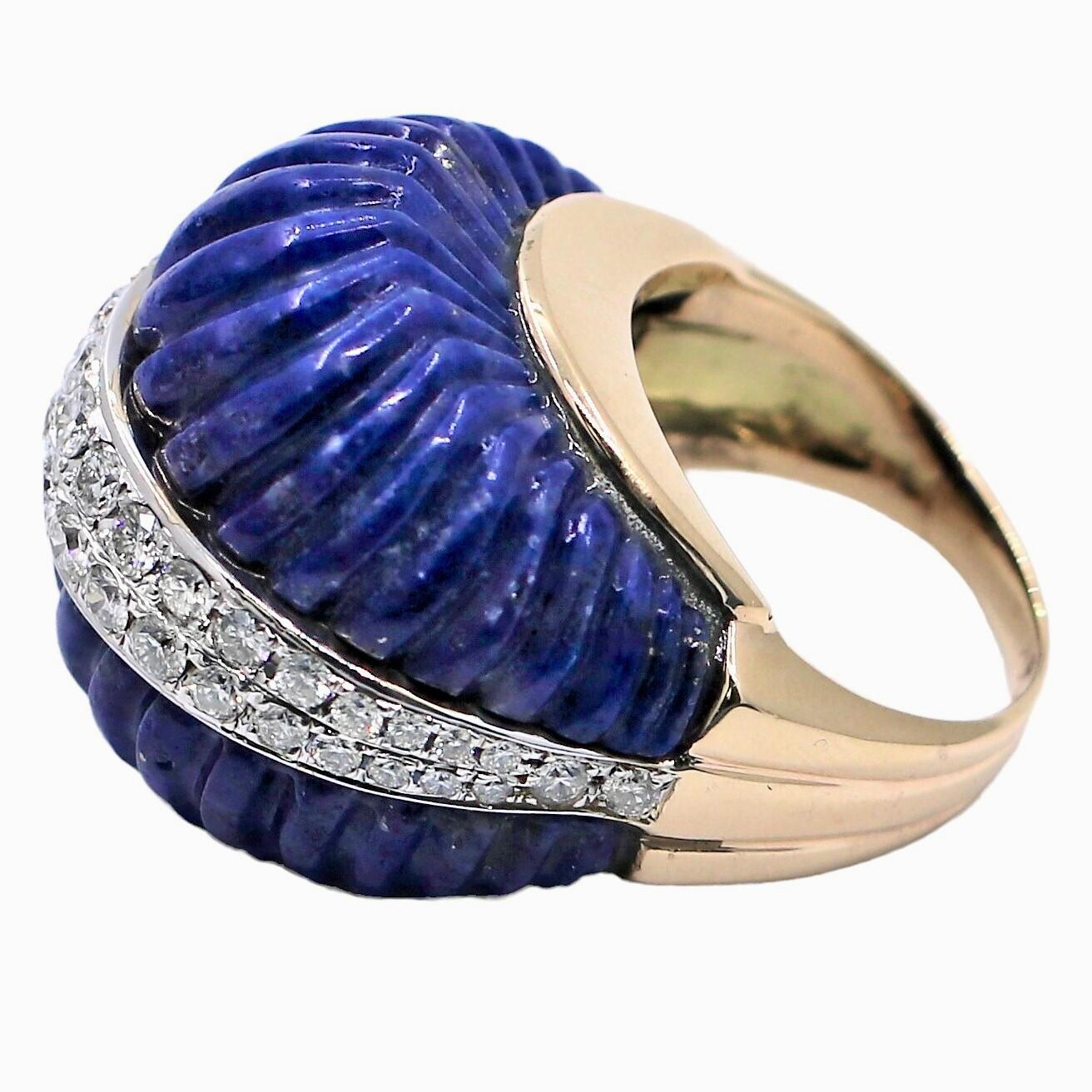 Brilliant Cut Big and Bold Vintage Yellow Gold, Fluted Lapis-Lazuli and Diamond Dome Ring.