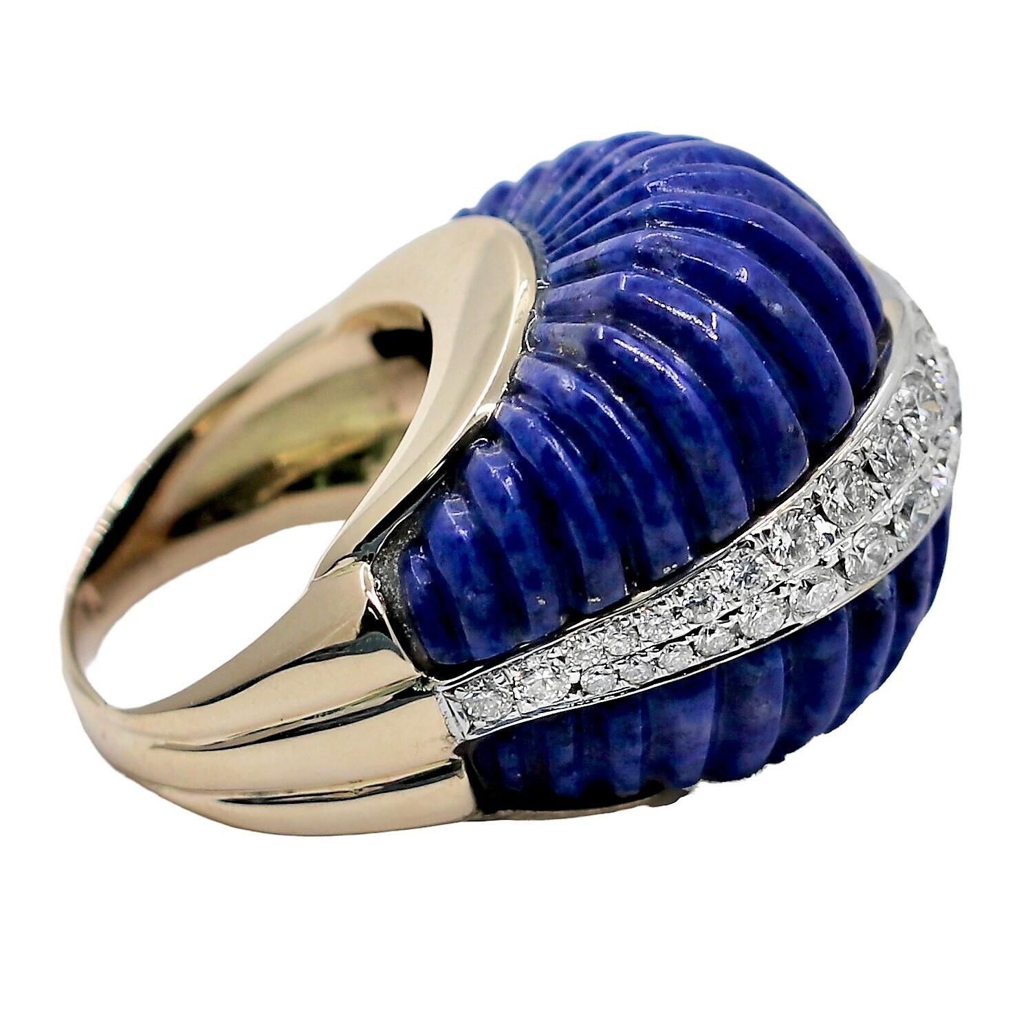 Women's Big and Bold Vintage Yellow Gold, Fluted Lapis-Lazuli and Diamond Dome Ring.