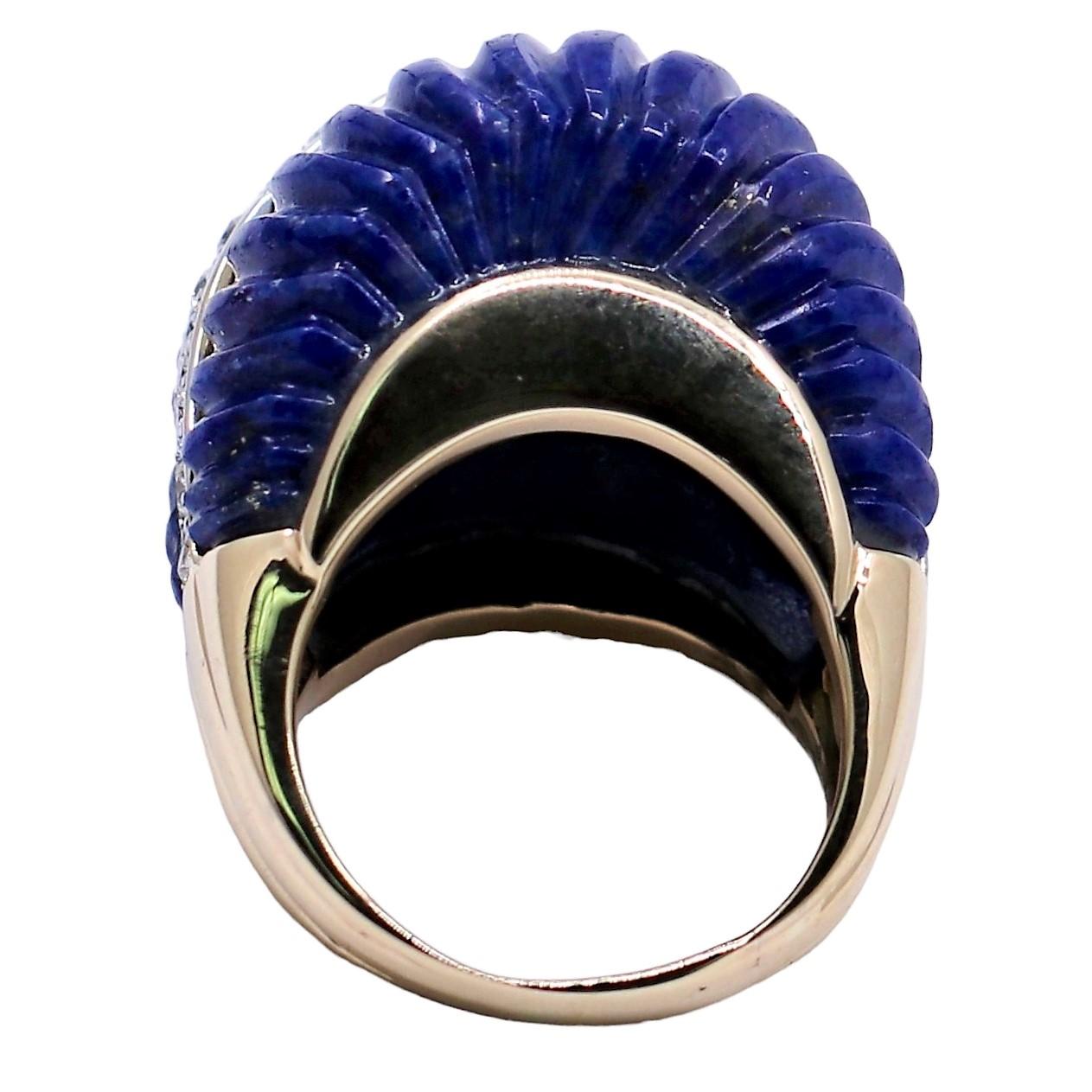 Big and Bold Vintage Yellow Gold, Fluted Lapis-Lazuli and Diamond Dome Ring. In Good Condition In Palm Beach, FL