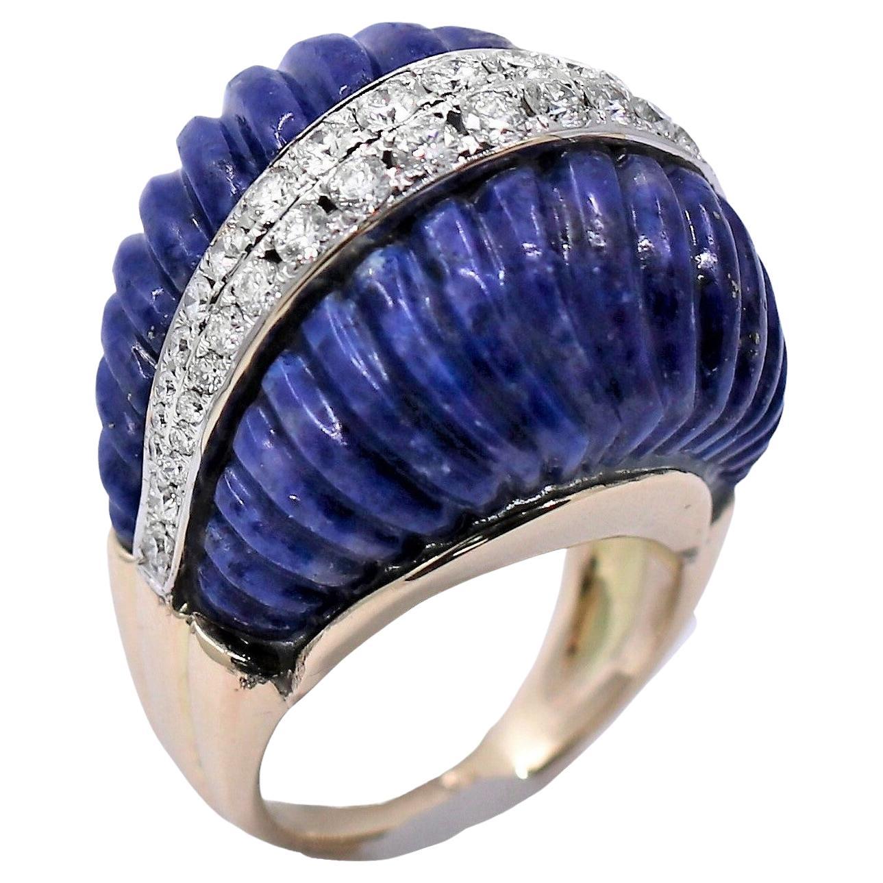 Big and Bold Vintage Yellow Gold, Fluted Lapis-Lazuli and Diamond Dome Ring.